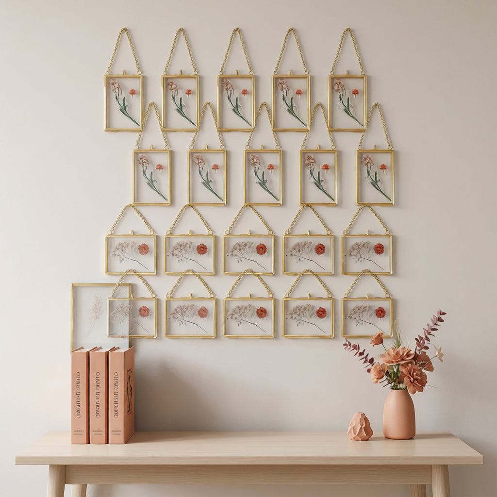 20pcs Clear Glass Pressed Flower Frames with Brass Double Glass Panels & Hanging Chains - Vertical\u002FHorizontal Wall-Mountable Photo Frames Suitable for Pressed Flower Art, Photos, Gallery Display - Classic Rectangular Picture Frames