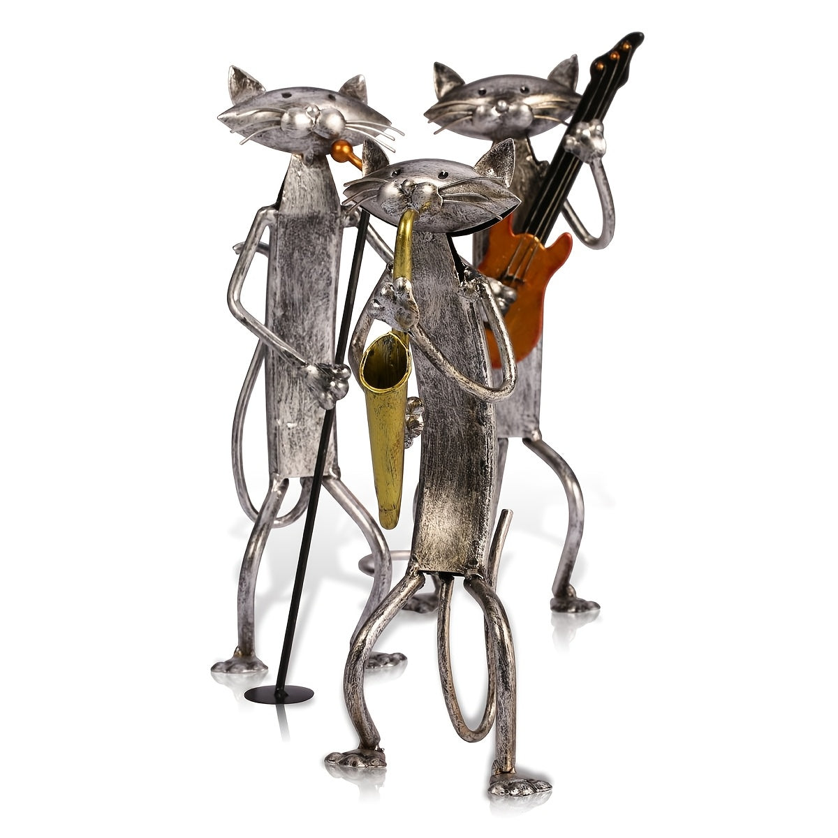Iron Sculpture of a Cat Band Featuring a Saxophone, Guitar, And Microphone, Designed As Decorative Ornaments for Cat Lovers. A Handmade Metal Piece Perfect for Home Decor, Ideal As a Holiday Or Christmas Gift for Music Enthusiasts