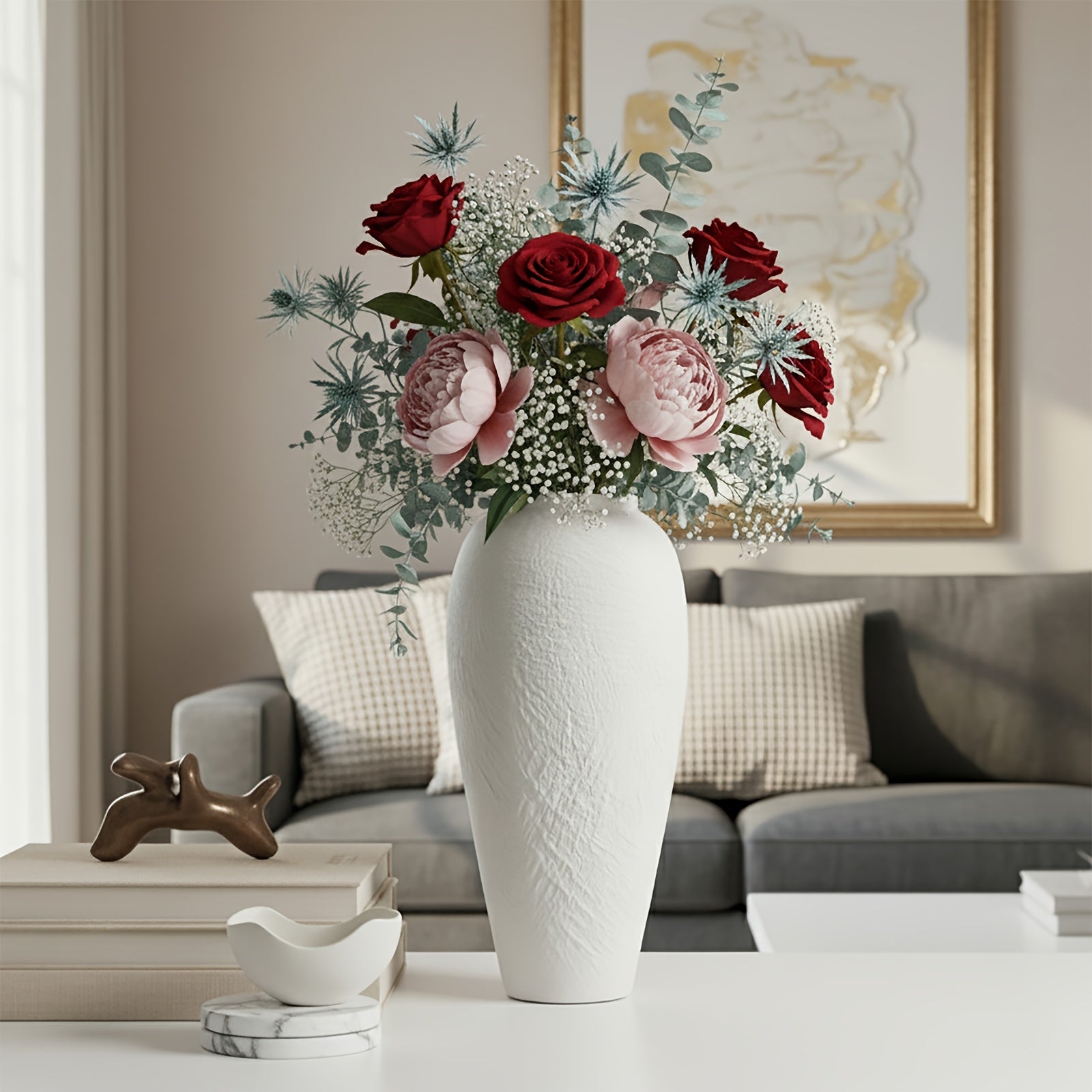 Vintage Ceramic Vase - Minimalist Textured Round Flower Vase Suitable for Living Room Shelf & Farmhouse Table Centerpiece Decor, Elegant Decorative Vase, Durable Ceramic Vase, Neutral Texture 12.6''