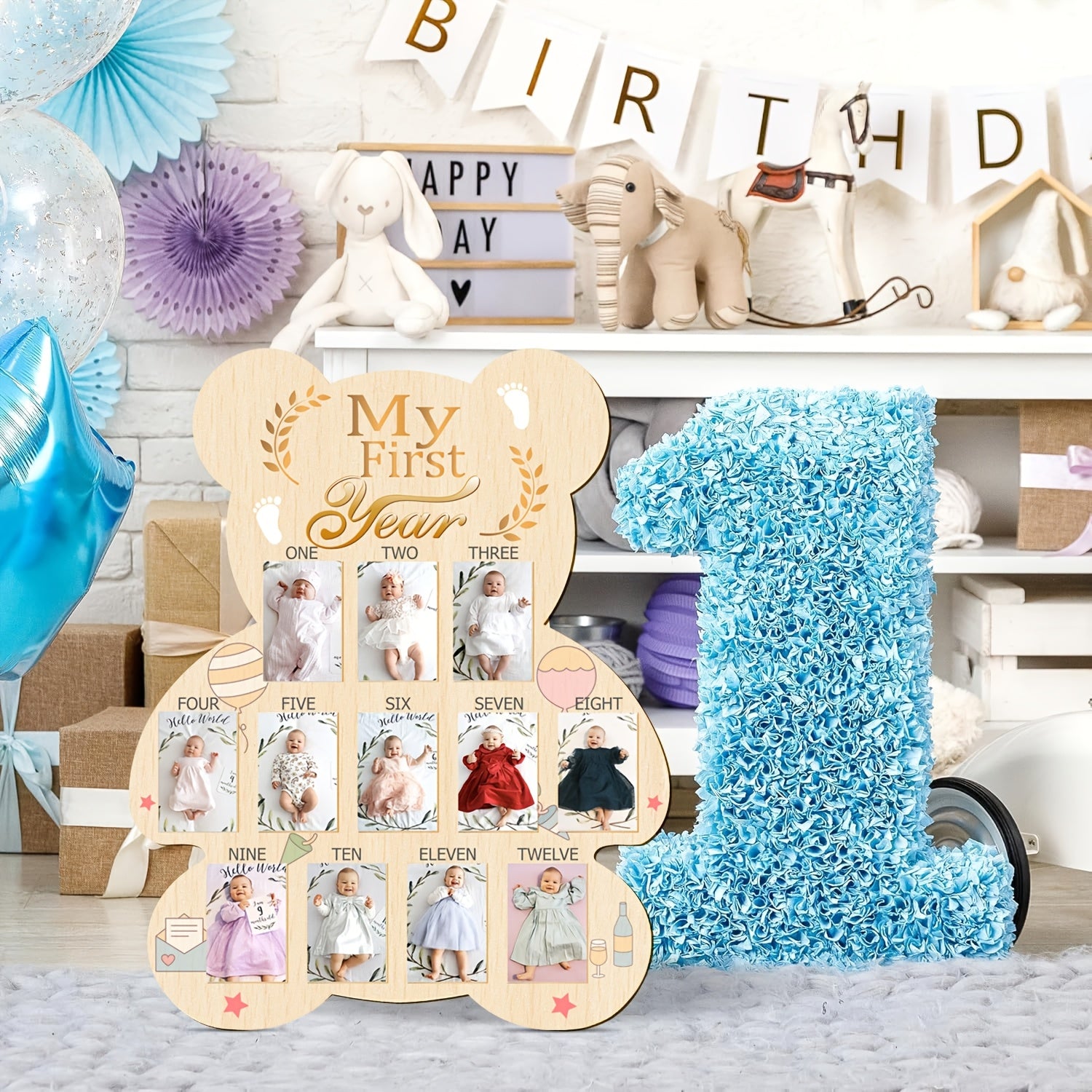 Stylish Wooden Frame to Commemorate a First Year Milestones, Featuring a Bear Design - an Ideal Keepsake Gift for Newborns, Baptisms, And New Parents