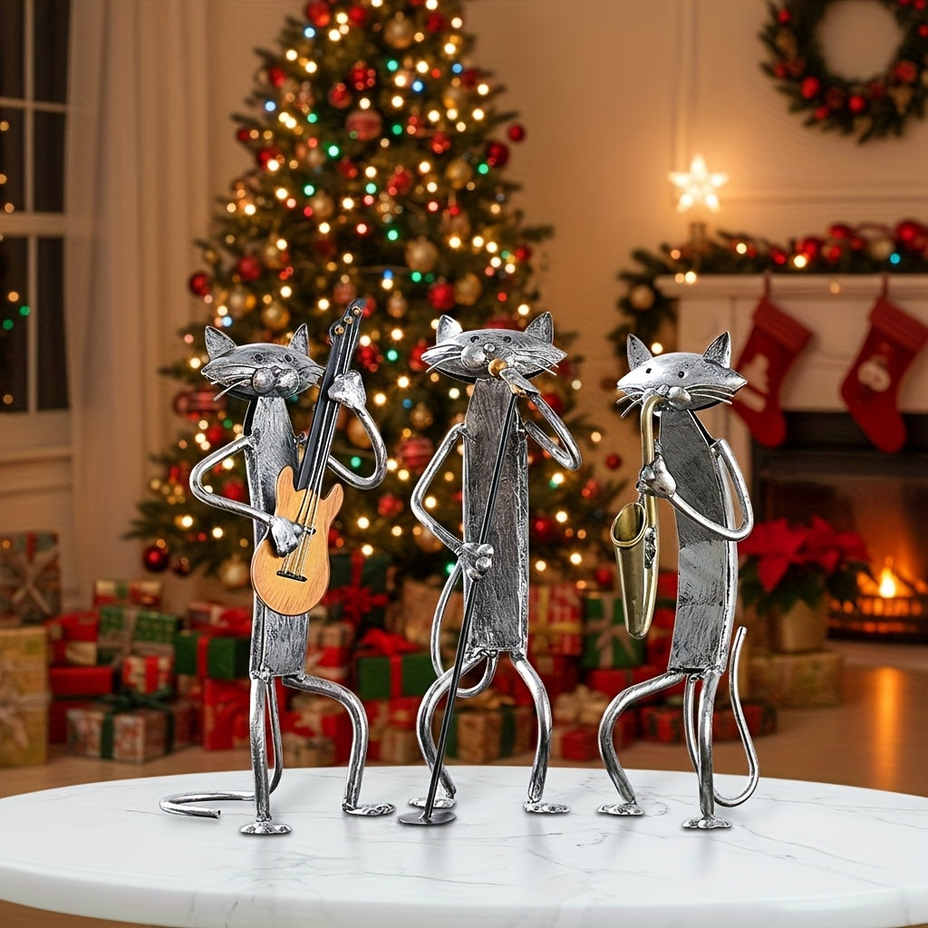 Iron Sculpture of a Cat Band Featuring a Saxophone, Guitar, And Microphone, Designed As Decorative Ornaments for Cat Lovers. A Handmade Metal Piece Perfect for Home Decor, Ideal As a Holiday Or Christmas Gift for Music Enthusiasts