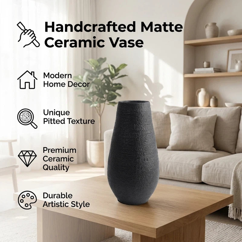 Minimalist Black Ceramic Vase, Matte Textured End, Nordic Style Living Room And Entryway Decor, Dried Flower Vase Container