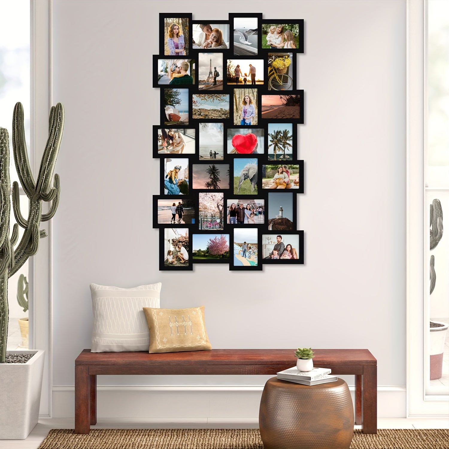 28-Photo Frame - Black Wood Wall Hanging Picture Collage 4x6 Pictures Frame with Basket-Weave Horizontal Layout, Lightweight Wall-Mounted for Home Decor, Christmas & New Year Gift (28 Openings)