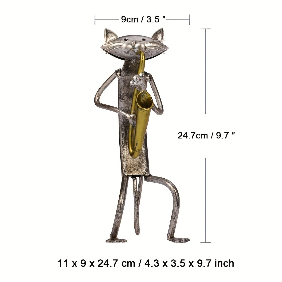 Iron Sculpture of a Cat Band Featuring a Saxophone, Guitar, And Microphone, Designed As Decorative Ornaments for Cat Lovers. A Handmade Metal Piece Perfect for Home Decor, Ideal As a Holiday Or Christmas Gift for Music Enthusiasts