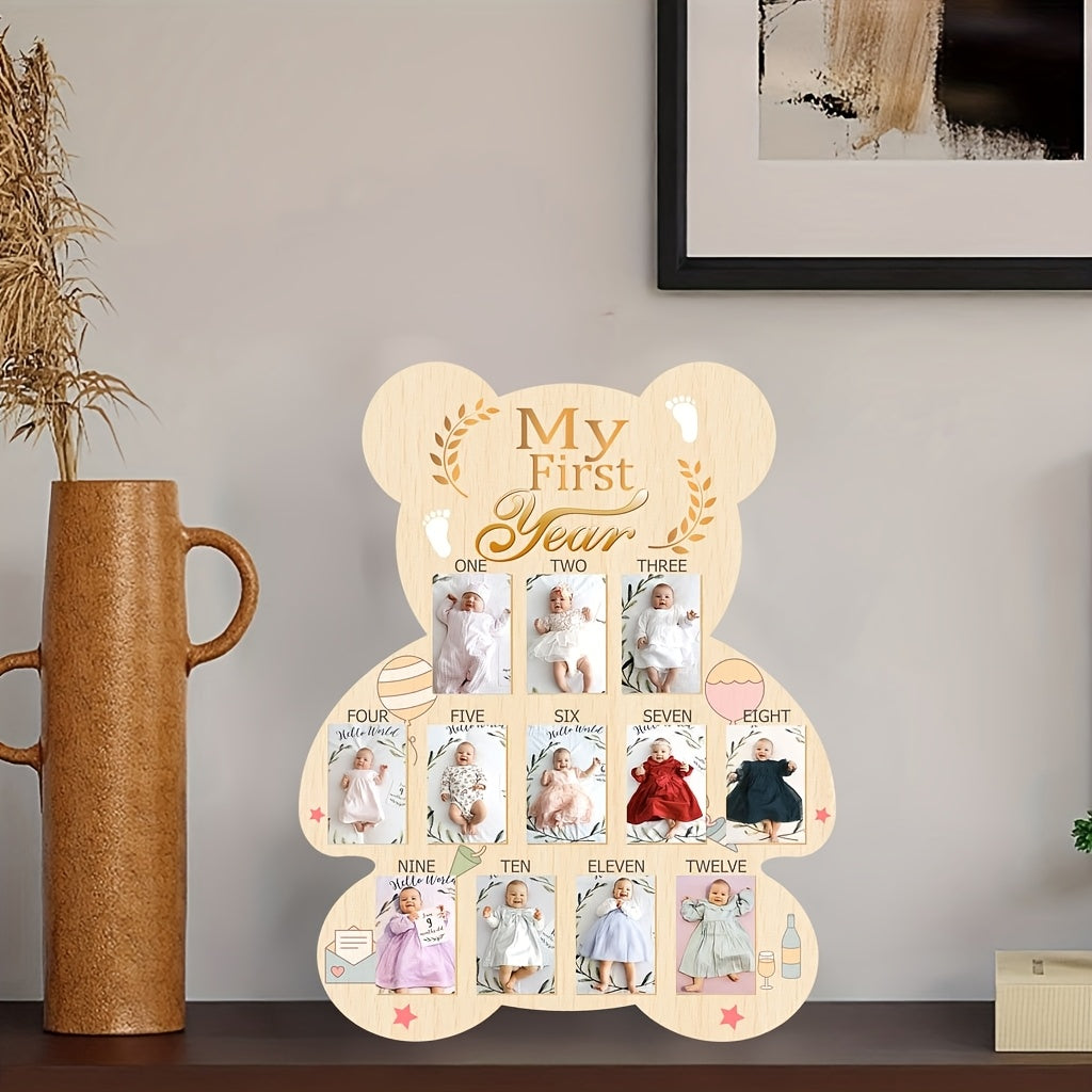 Stylish Wooden Frame to Commemorate a First Year Milestones, Featuring a Bear Design - an Ideal Keepsake Gift for Newborns, Baptisms, And New Parents