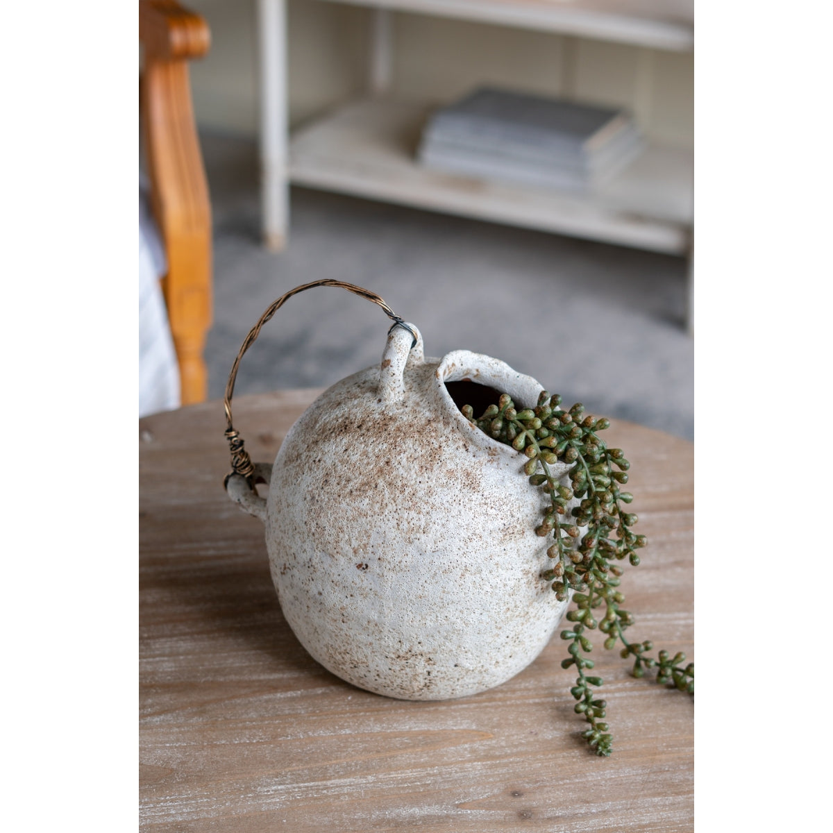 Rustic White Ceramic Vase with Wire Handle - Vintage Farmhouse Round Jug Pottery Suitable for Fake Plants, Flowers, Wabi-Sabi & French Country Decor, Wire-Hooked Holder for Branches, Ceramic for Entryway, Living Room, Bedroom Centerpiece