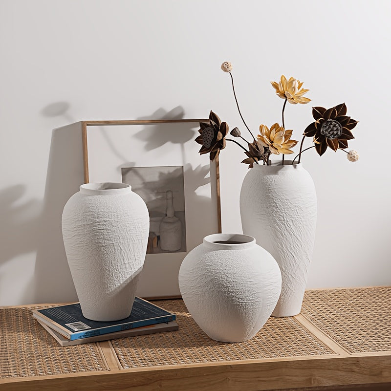 Vintage Ceramic Vase, Minimalist Texture Stone Patterned White Flower Vase, Decorative Vase for Living Room Shelf Farmhouse Dining Table Centerpiece Decor (White Texture 10.4'')