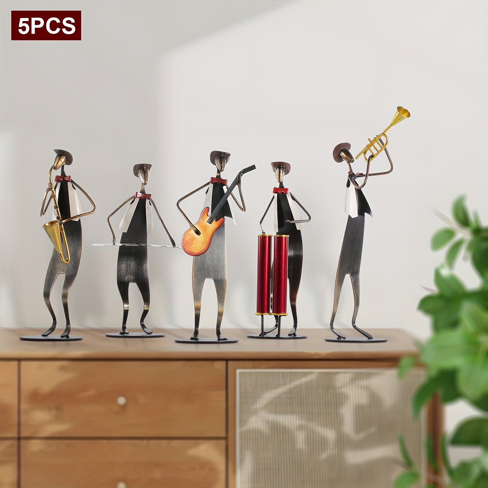 5pcs, Cowboy Band Iron Sculpture, Trumpet, Drum, Piano, Guitar, Saxophone, Music Performance, Metal, Home Decoration, Handmade, Paint Craft, for Music Lovers, Halloween, Christmas, Birthday Gifts