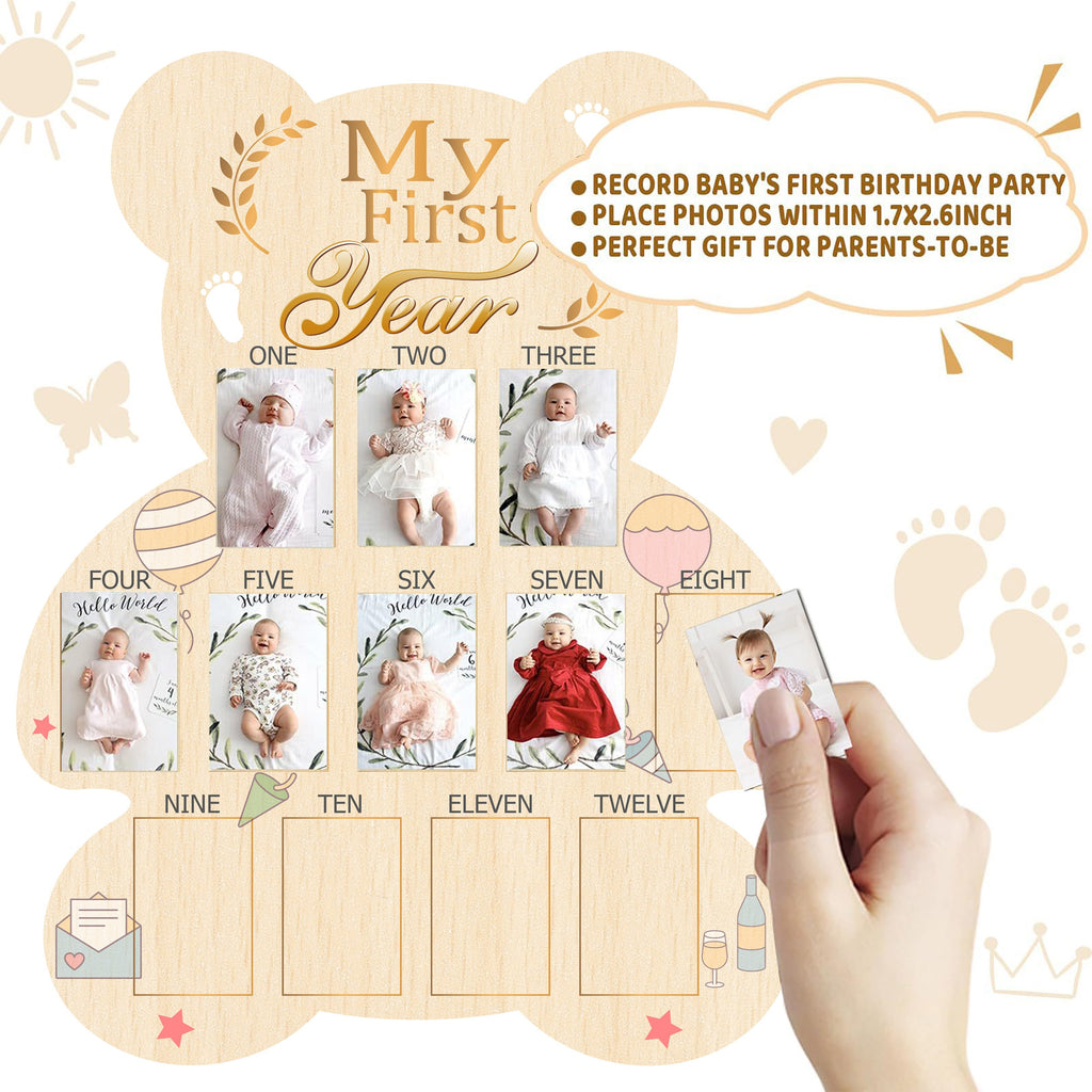 Stylish Wooden Frame to Commemorate a First Year Milestones, Featuring a Bear Design - an Ideal Keepsake Gift for Newborns, Baptisms, And New Parents