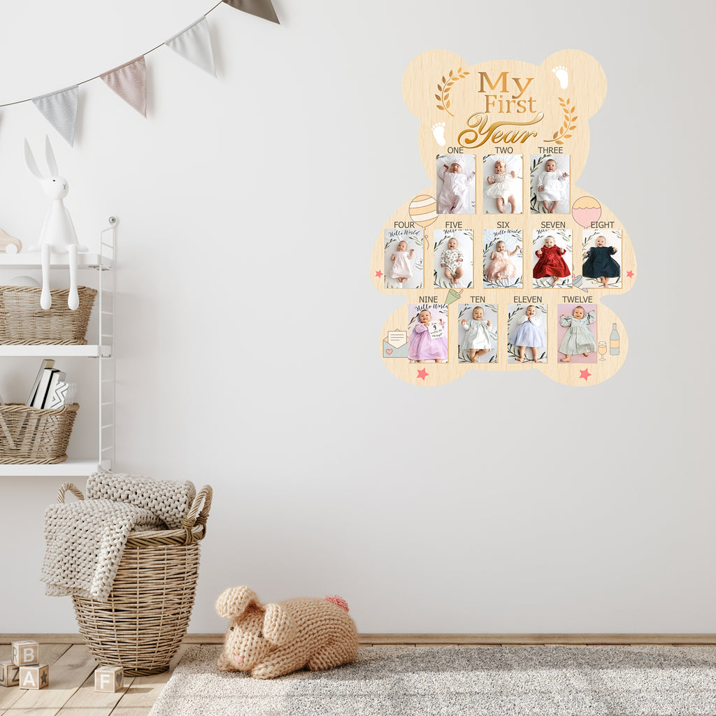 Stylish Wooden Frame to Commemorate a First Year Milestones, Featuring a Bear Design - an Ideal Keepsake Gift for Newborns, Baptisms, And New Parents