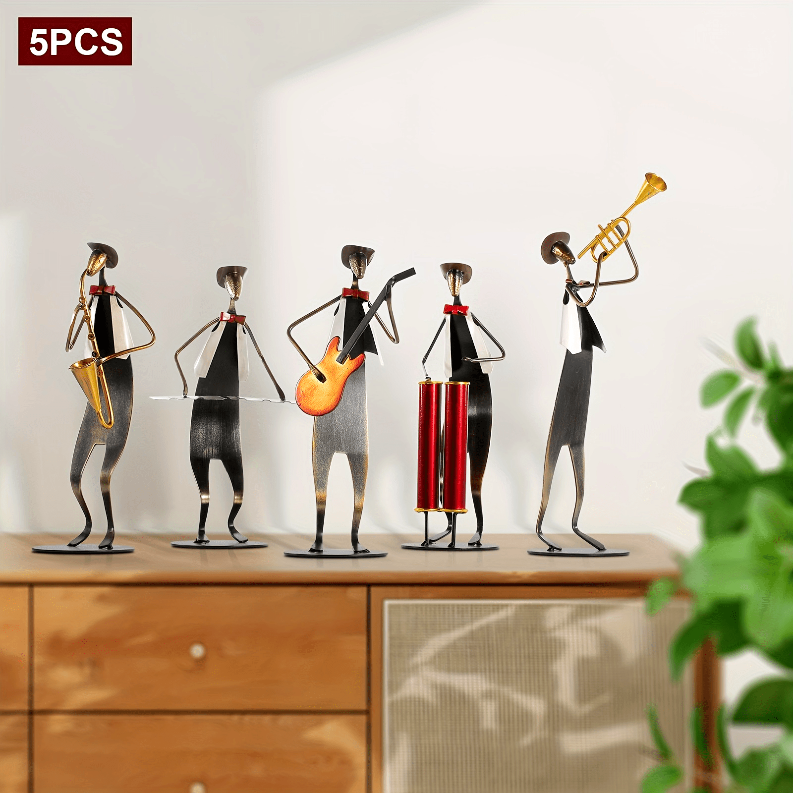 5pcs, Cowboy Band Iron Sculpture, Trumpet, Drum, Piano, Guitar, Saxophone, Music Performance, Metal, Home Decoration, Handmade, Paint Craft, for Music Lovers, Halloween, Christmas, Birthday Gifts