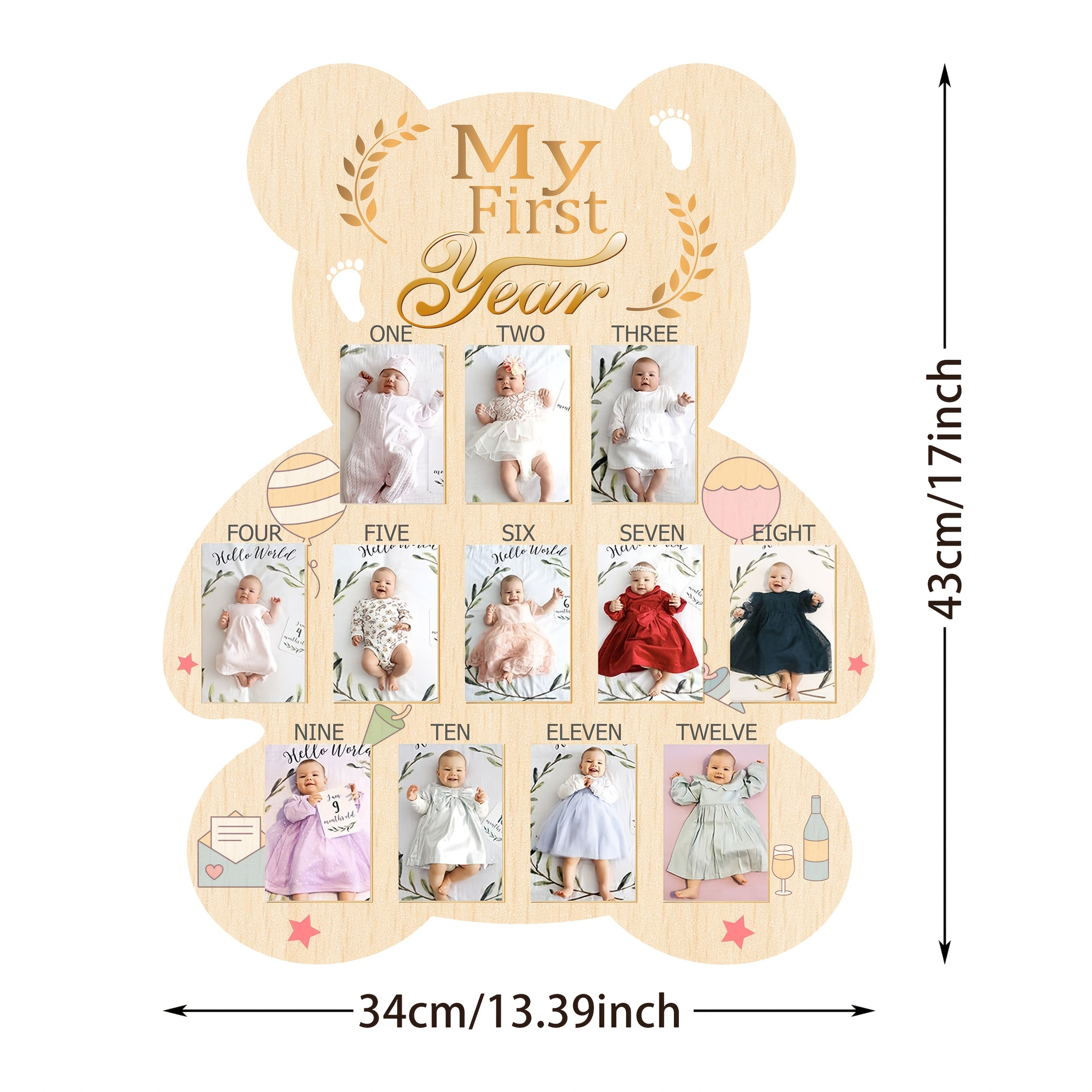 Stylish Wooden Frame to Commemorate a First Year Milestones, Featuring a Bear Design - an Ideal Keepsake Gift for Newborns, Baptisms, And New Parents