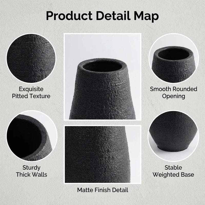 Minimalist Black Ceramic Vase, Matte Textured End, Nordic Style Living Room And Entryway Decor, Dried Flower Vase Container