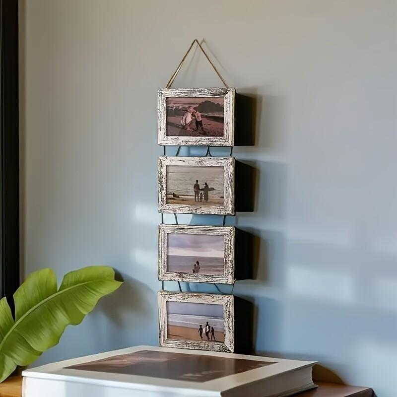 2pcs 4-Panel Wooden Photo Frame Set 4X6 Collage Photo Display with Glass Cover Growth Chart Frame for Wall Hanging And Tabletop Display - Nursery, Home Decor, Room Accents - Wedding, Housewarming, Gifts