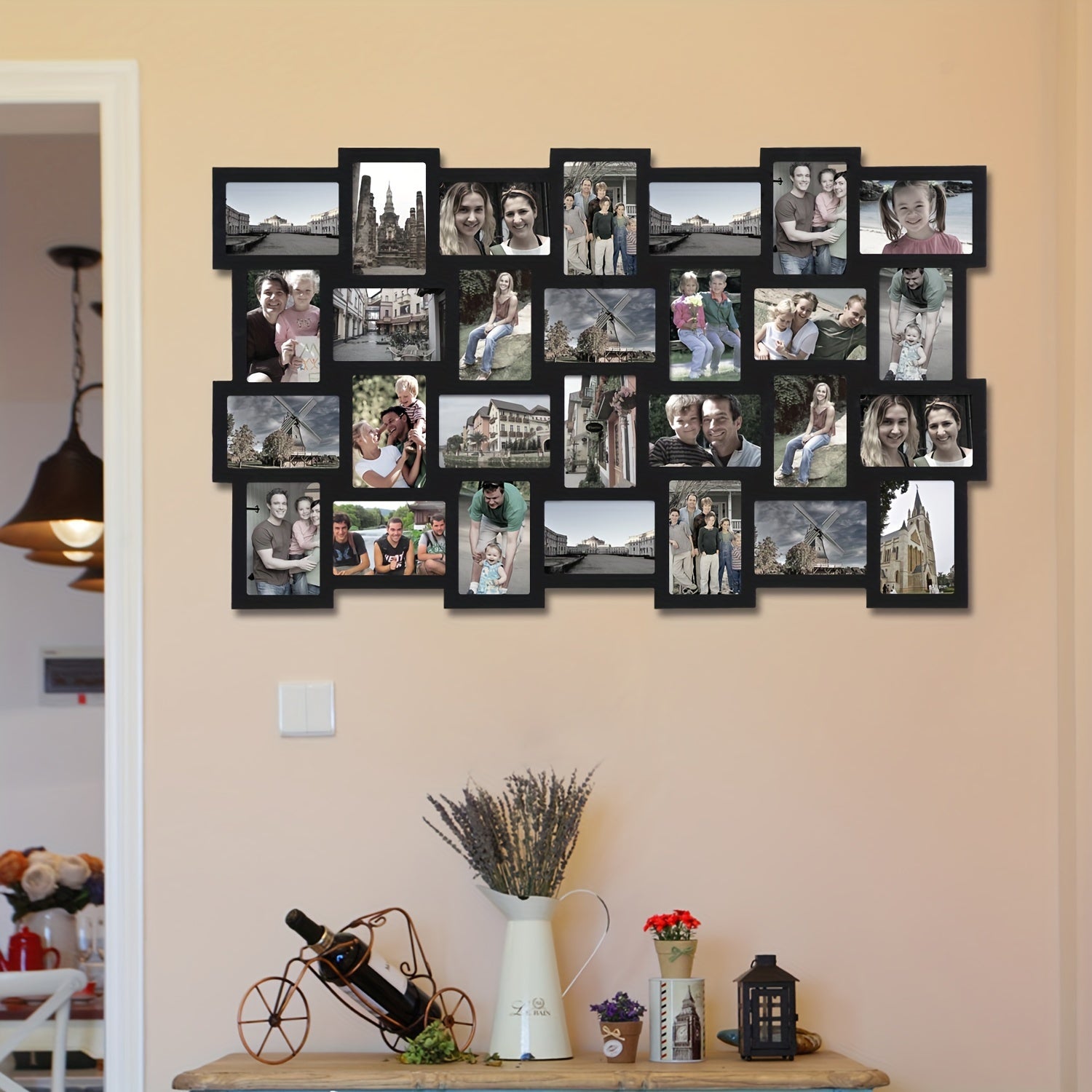 28-Photo Frame - Black Wood Wall Hanging Picture Collage 4x6 Pictures Frame with Basket-Weave Horizontal Layout, Lightweight Wall-Mounted for Home Decor, Christmas & New Year Gift (28 Openings)
