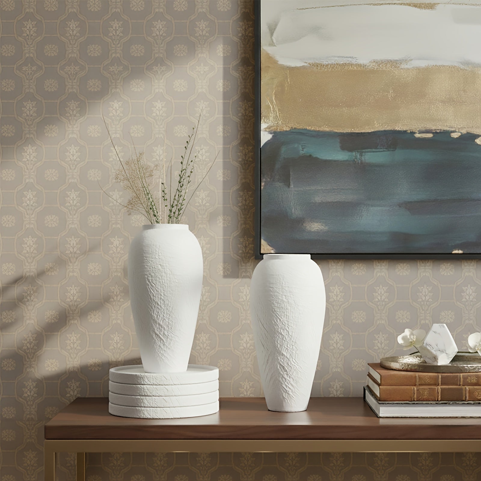 Vintage Ceramic Vase - Minimalist Textured Round Flower Vase Suitable for Living Room Shelf & Farmhouse Table Centerpiece Decor, Elegant Decorative Vase, Durable Ceramic Vase, Neutral Texture 12.6''