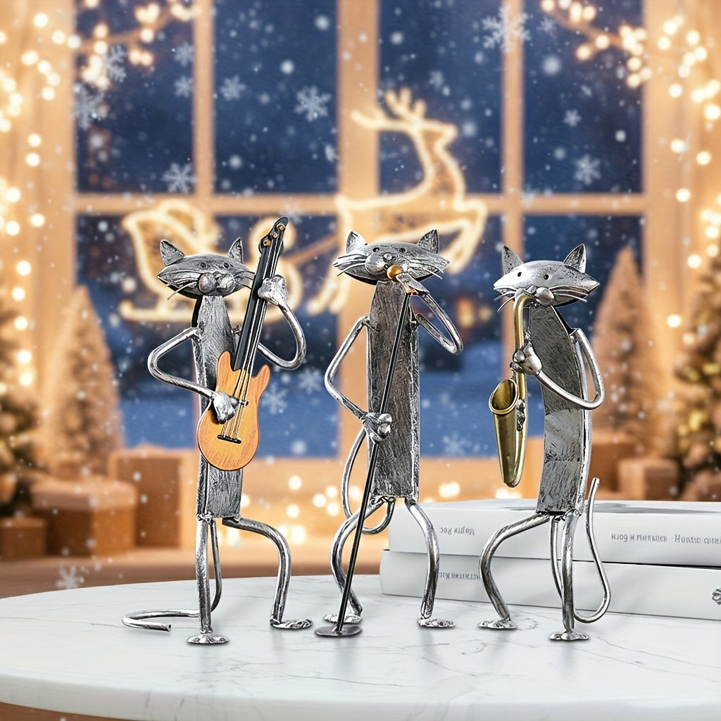 Iron Sculpture of a Cat Band Featuring a Saxophone, Guitar, And Microphone, Designed As Decorative Ornaments for Cat Lovers. A Handmade Metal Piece Perfect for Home Decor, Ideal As a Holiday Or Christmas Gift for Music Enthusiasts