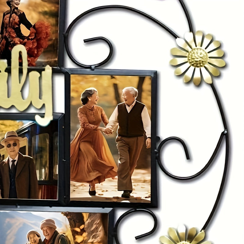 4 Open Iron Picture Frame Collage Metal Flower Spray Wall Decoration Family Picture Frame Display (black)