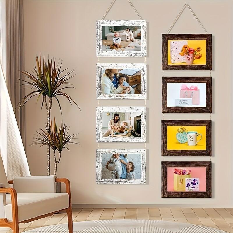 2pcs 4-Panel Wooden Photo Frame Set 4X6 Collage Photo Display with Glass Cover Growth Chart Frame for Wall Hanging And Tabletop Display - Nursery, Home Decor, Room Accents - Wedding, Housewarming, Gifts