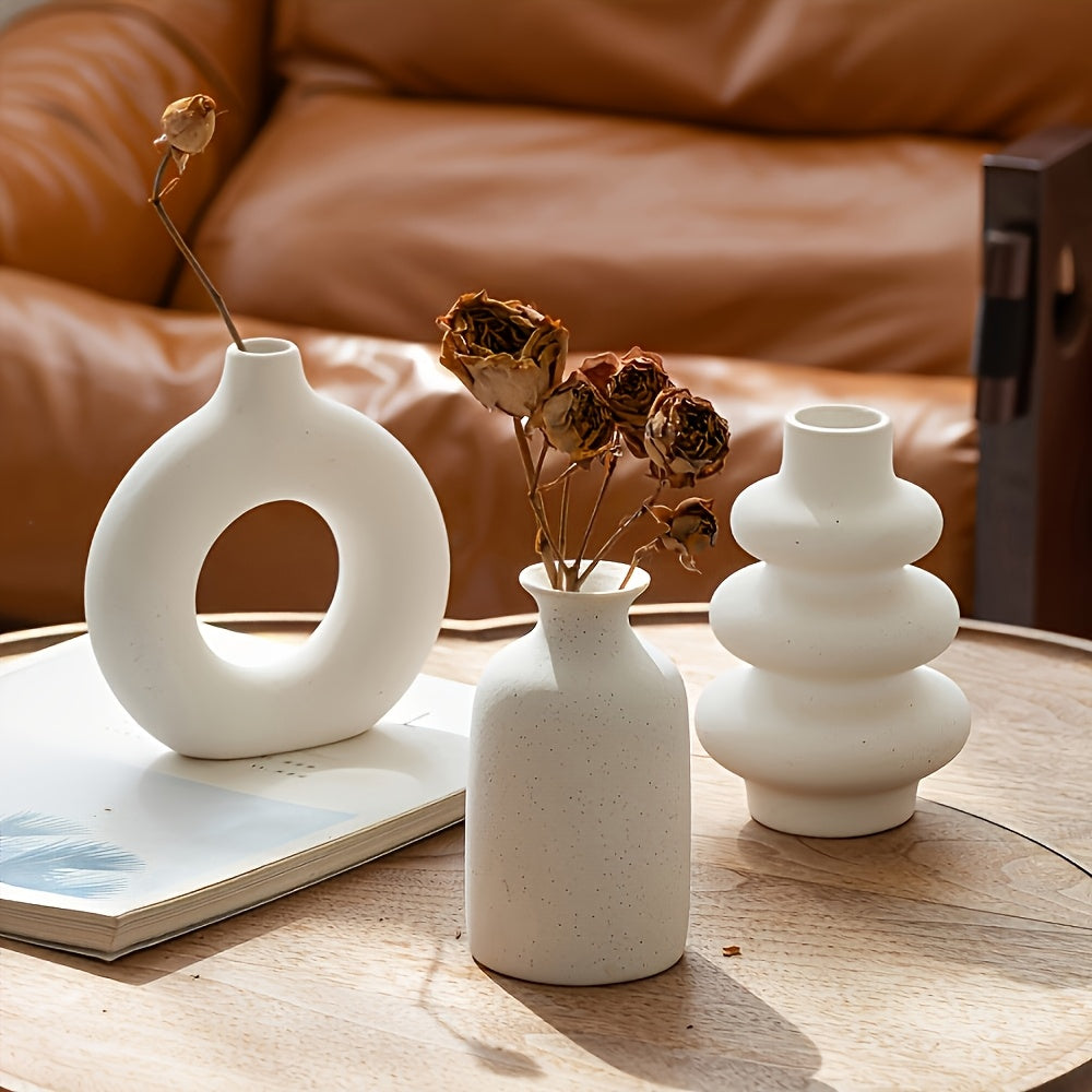 Set of 3 Ceramic Vases, Contemporary Design for Dried Flowers, Round Shape, Ideal for Pampas Grass, Bohemian Home Decoration for Centerpiece at Weddings, Dinner Parties, Living Rooms, Offices, And Bedrooms. Perfect As Housewarming, Birthday
