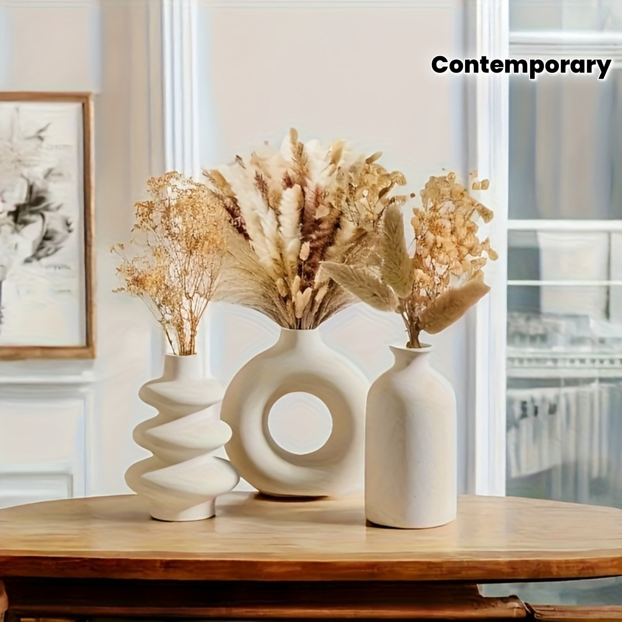 Set of 3 Ceramic Vases, Contemporary Design for Dried Flowers, Round Shape, Ideal for Pampas Grass, Bohemian Home Decoration for Centerpiece at Weddings, Dinner Parties, Living Rooms, Offices, And Bedrooms. Perfect As Housewarming, Birthday