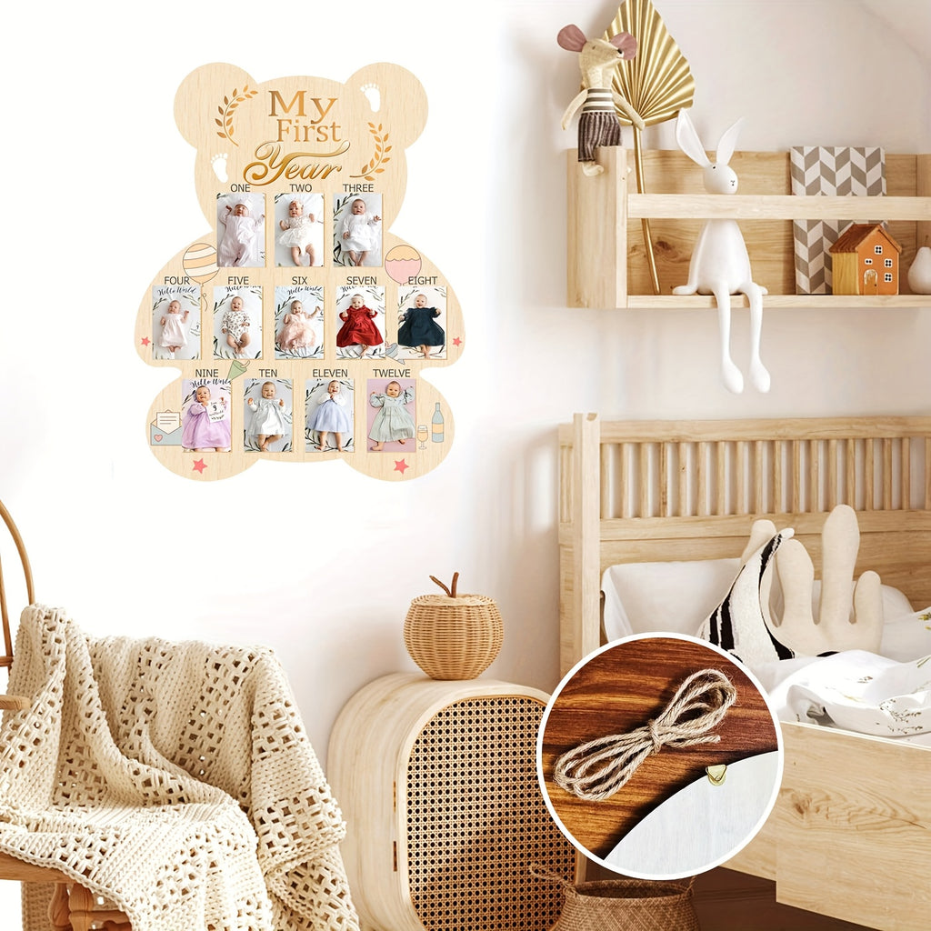 Stylish Wooden Frame to Commemorate a First Year Milestones, Featuring a Bear Design - an Ideal Keepsake Gift for Newborns, Baptisms, And New Parents