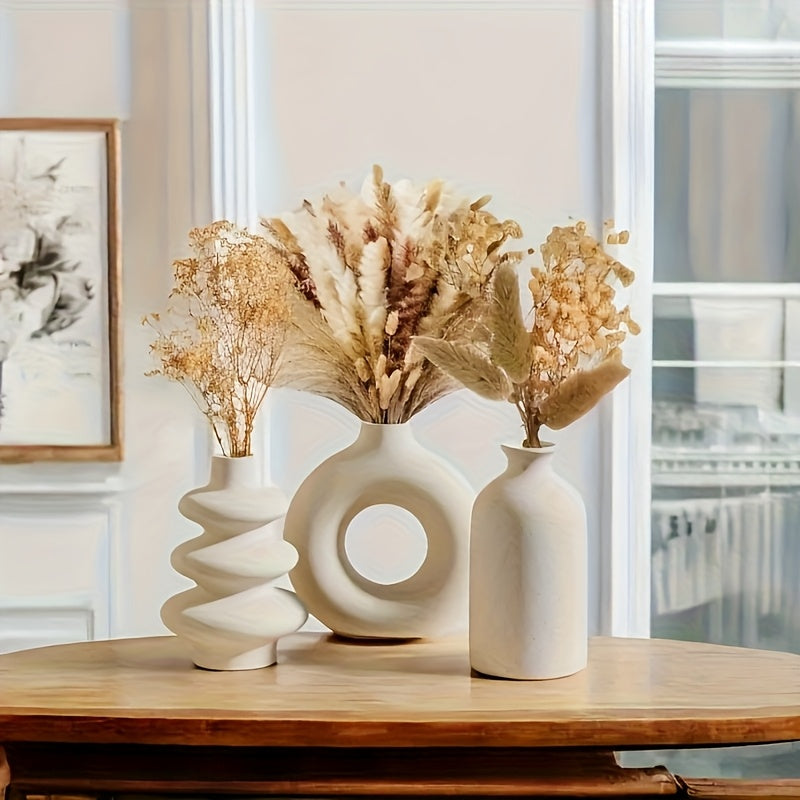 Set of 3 Ceramic Vases, Contemporary Design for Dried Flowers, Round Shape, Ideal for Pampas Grass, Bohemian Home Decoration for Centerpiece at Weddings, Dinner Parties, Living Rooms, Offices, And Bedrooms. Perfect As Housewarming, Birthday