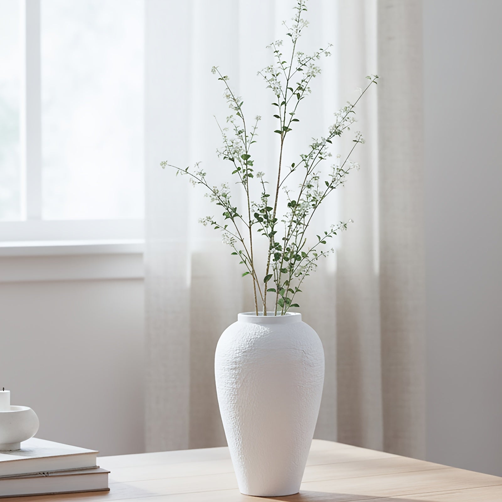 Vintage Ceramic Vase, Minimalist Texture Stone Patterned White Flower Vase, Decorative Vase for Living Room Shelf Farmhouse Dining Table Centerpiece Decor (White Texture 10.4'')