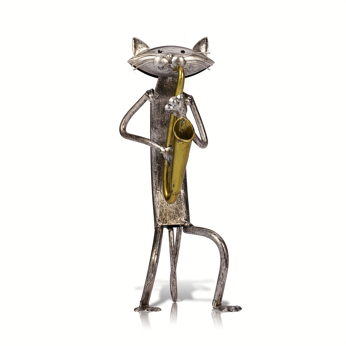 Iron Sculpture of a Cat Band Featuring a Saxophone, Guitar, And Microphone, Designed As Decorative Ornaments for Cat Lovers. A Handmade Metal Piece Perfect for Home Decor, Ideal As a Holiday Or Christmas Gift for Music Enthusiasts