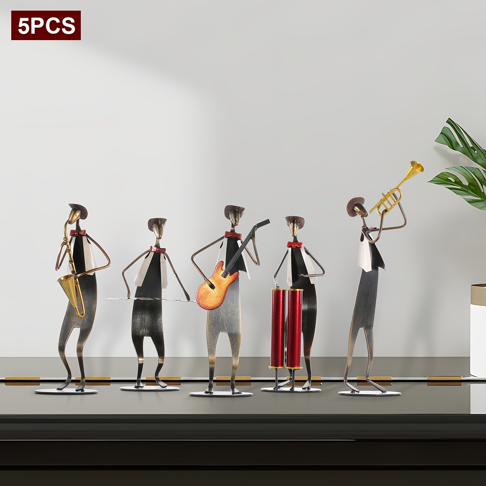 5pcs, Cowboy Band Iron Sculpture, Trumpet, Drum, Piano, Guitar, Saxophone, Music Performance, Metal, Home Decoration, Handmade, Paint Craft, for Music Lovers, Halloween, Christmas, Birthday Gifts