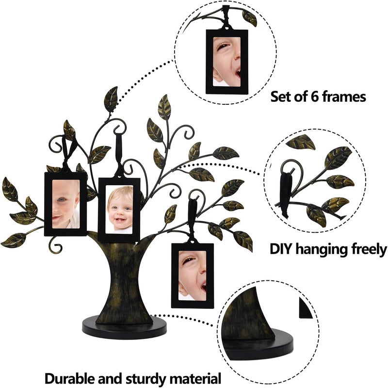 Family Tree Picture Frames for Wall and Table Decor, Ideal Christmas and Birthday Gifts with 6 Hanging Photo Frames( Bronze, 6 - Pack)