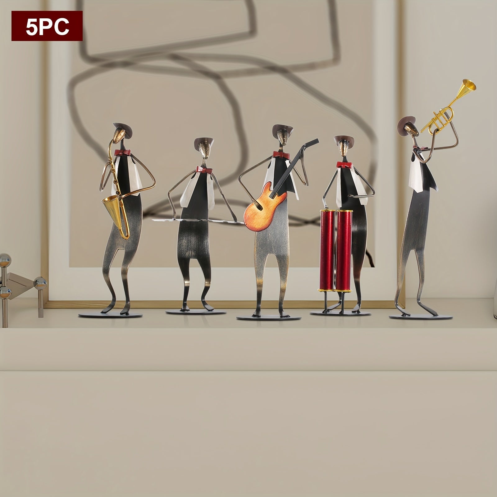 5pcs, Cowboy Band Iron Sculpture, Trumpet, Drum, Piano, Guitar, Saxophone, Music Performance, Metal, Home Decoration, Handmade, Paint Craft, for Music Lovers, Halloween, Christmas, Birthday Gifts